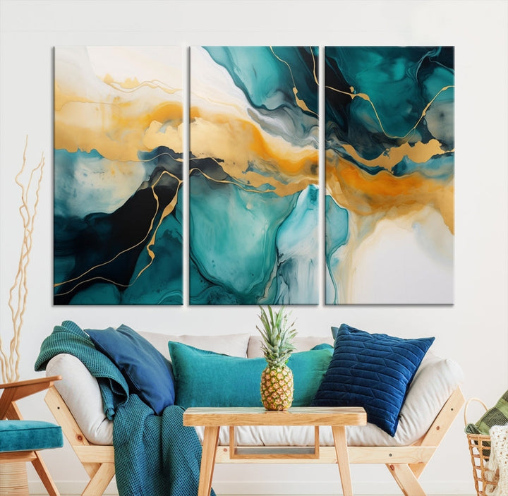 Large Abstract Painting Modern Canvas Wall Art Set of Shades of Blue Green Art Print