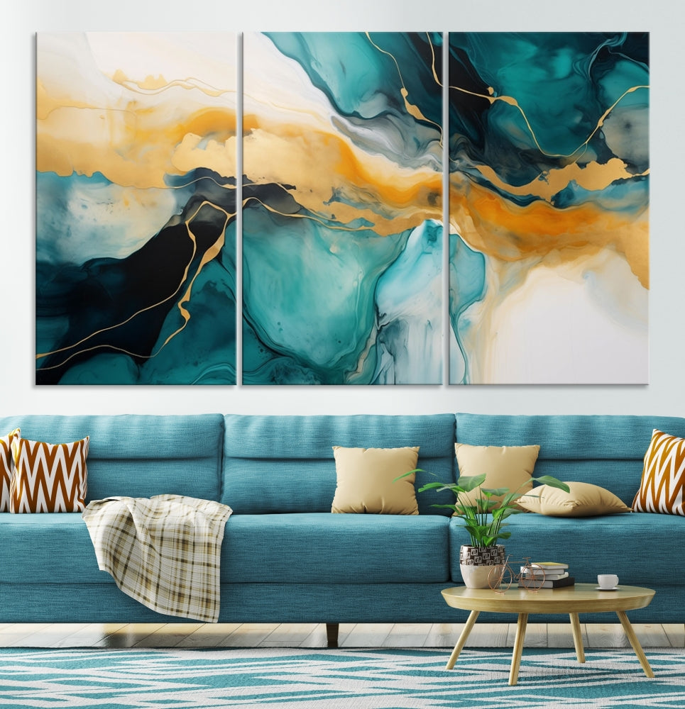 Large Abstract Painting Modern Canvas Wall Art Set of Shades of Blue Green Art Print