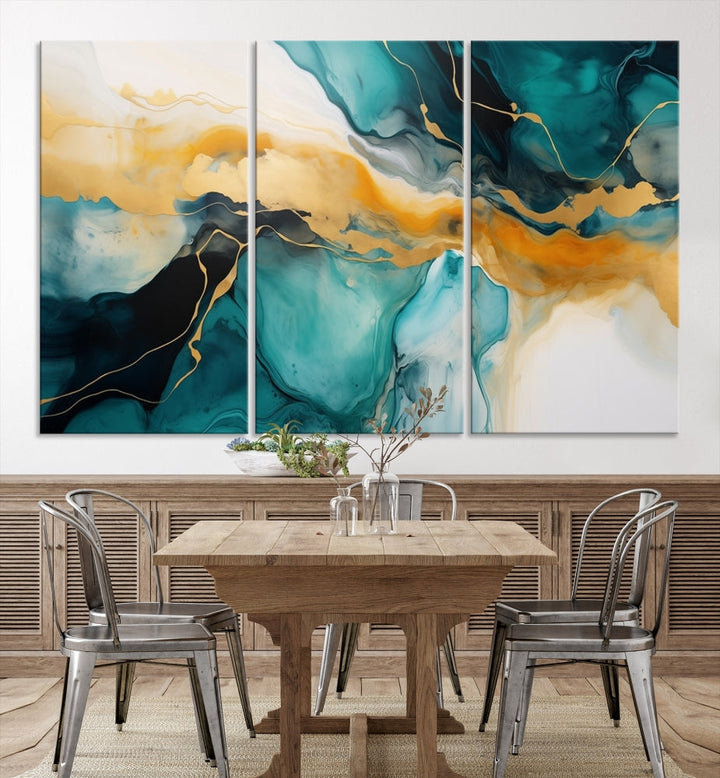 Large Abstract Painting Modern Canvas Wall Art Set of Shades of Blue Green Art Print