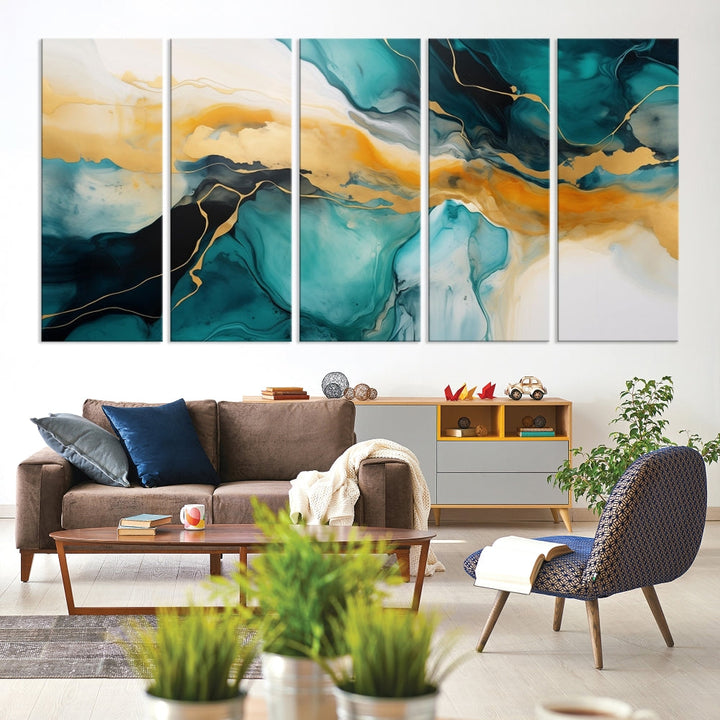 Large Abstract Painting Modern Canvas Wall Art Set of Shades of Blue Green Art Print