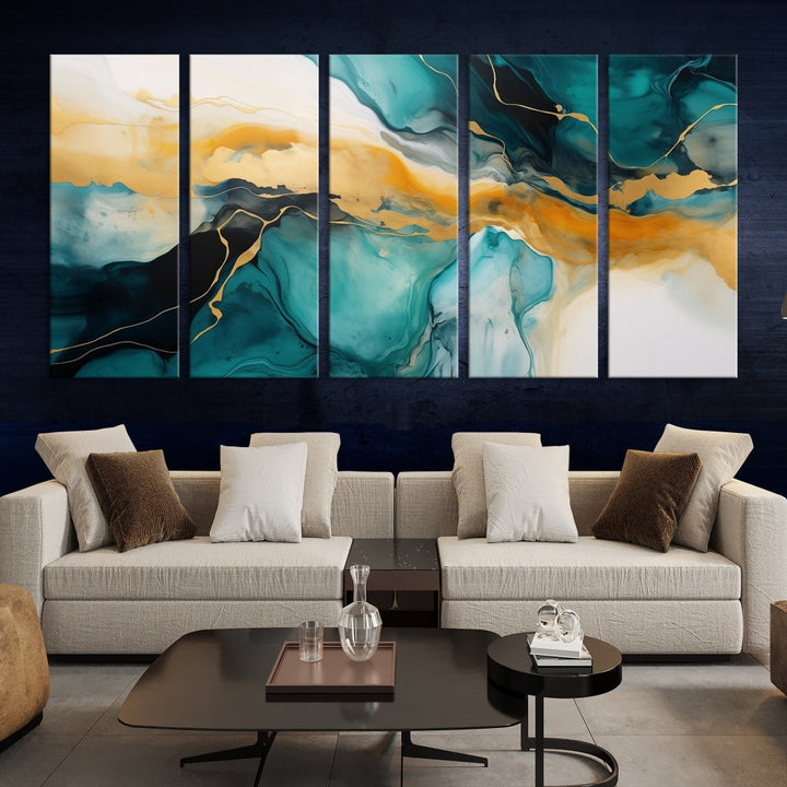 Large Abstract Painting Modern Canvas Wall Art Set of Shades of Blue Green Art Print