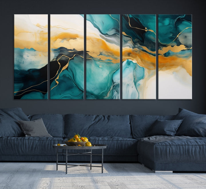 Large Abstract Painting Modern Canvas Wall Art Set of Shades of Blue Green Art Print