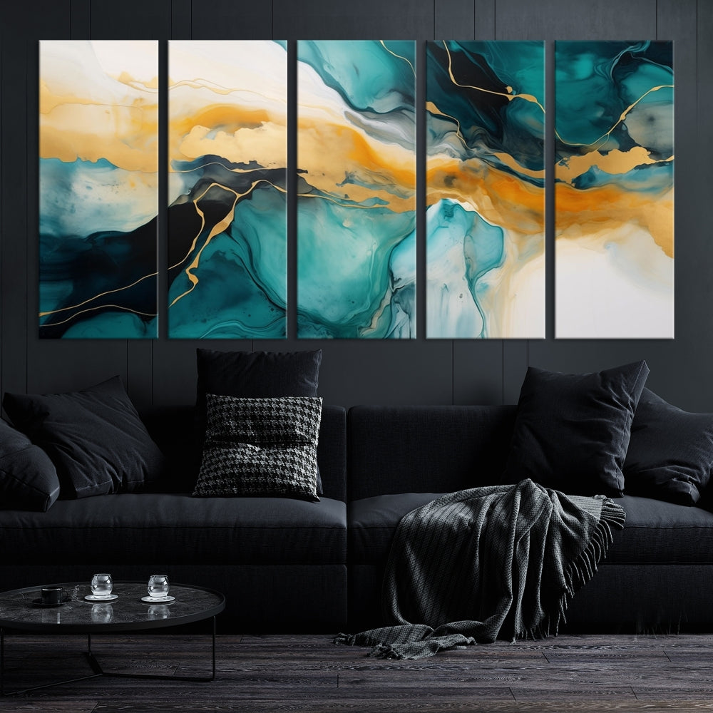 Large Abstract Painting Modern Canvas Wall Art Set of Shades of Blue Green Art Print