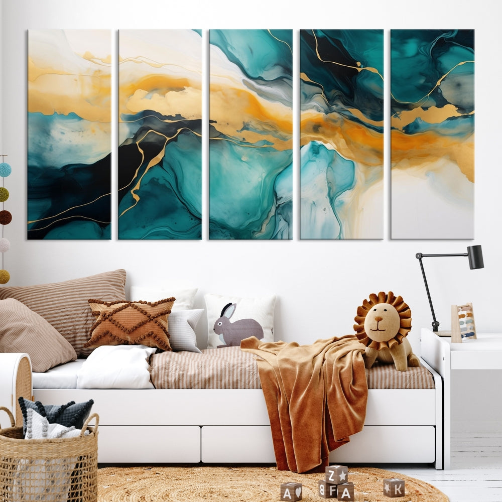 Large Abstract Painting Modern Canvas Wall Art Set of Shades of Blue Green Art Print