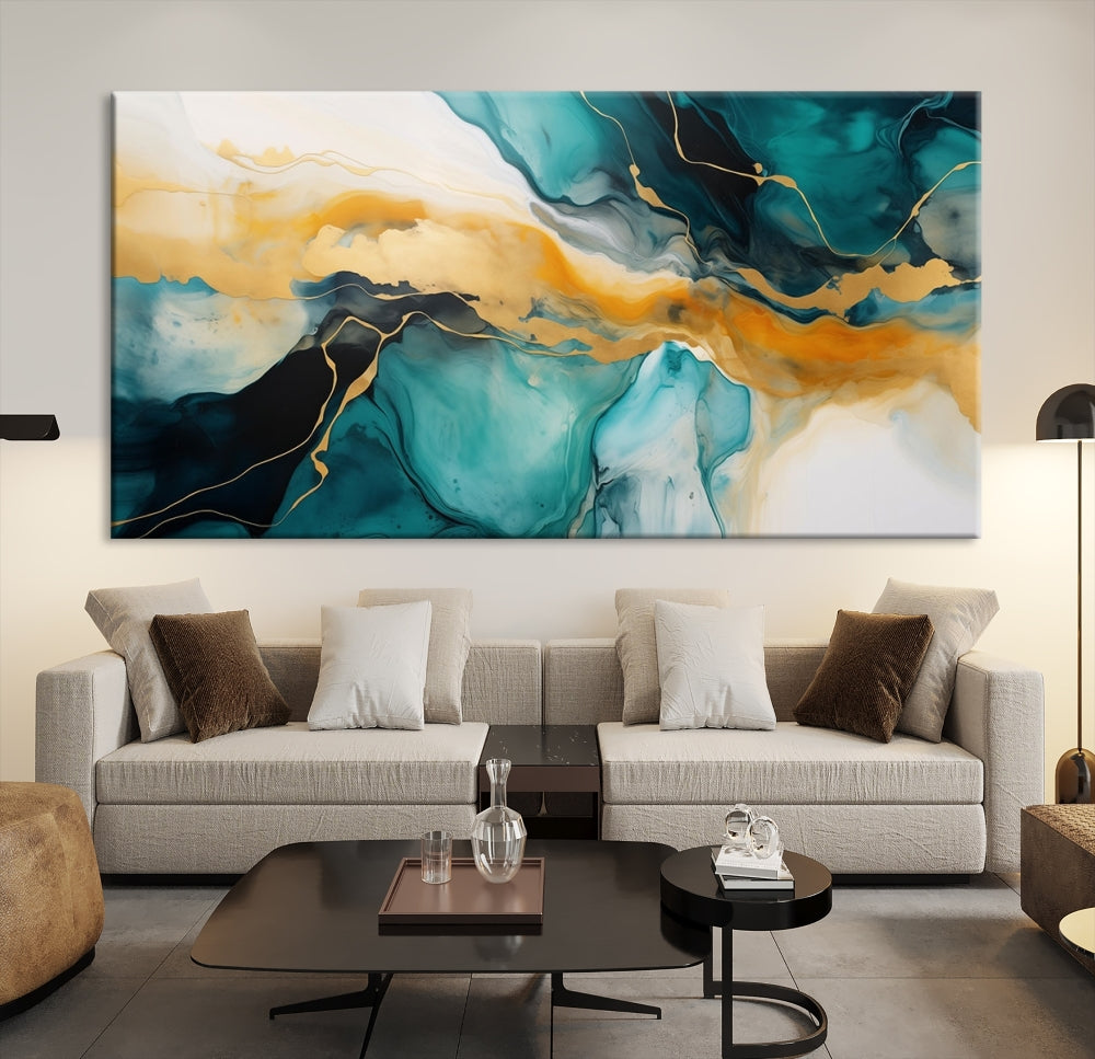 Large Abstract Painting Modern Canvas Wall Art Set of Shades of Blue Green Art Print