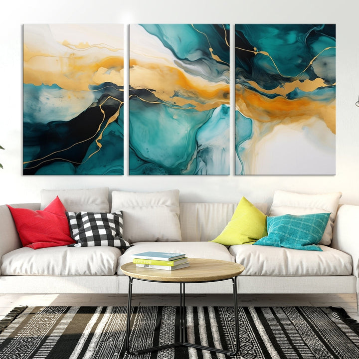 Large Abstract Painting Modern Canvas Wall Art Set of Shades of Blue Green Art Print