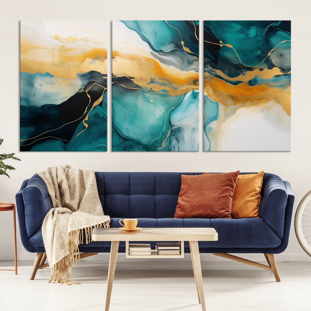 Large Abstract Painting Modern Canvas Wall Art Set of Shades of Blue Green Art Print