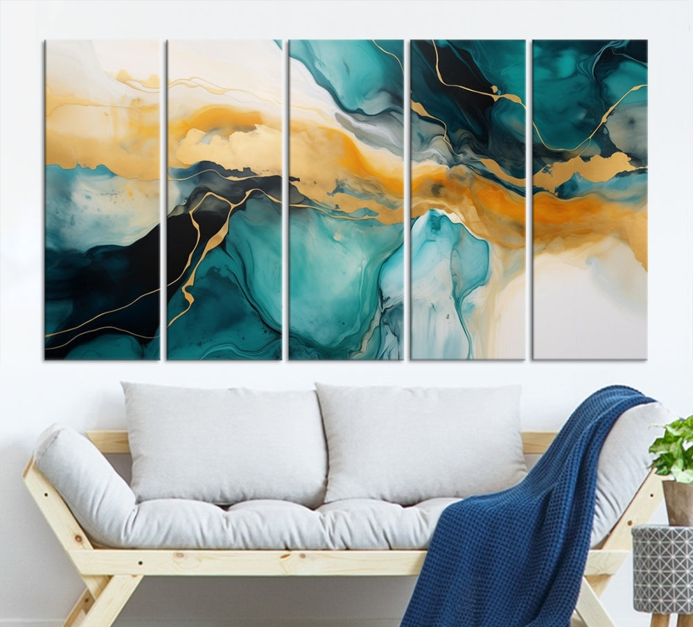 Large Abstract Painting Modern Canvas Wall Art Set of Shades of Blue Green Art Print