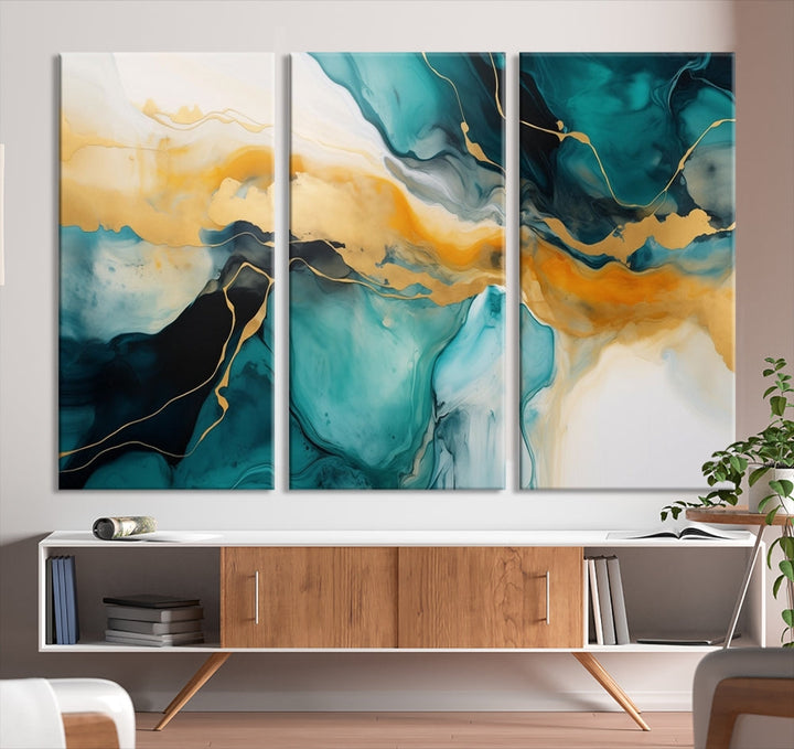 Large Abstract Painting Modern Canvas Wall Art Set of Shades of Blue Green Art Print