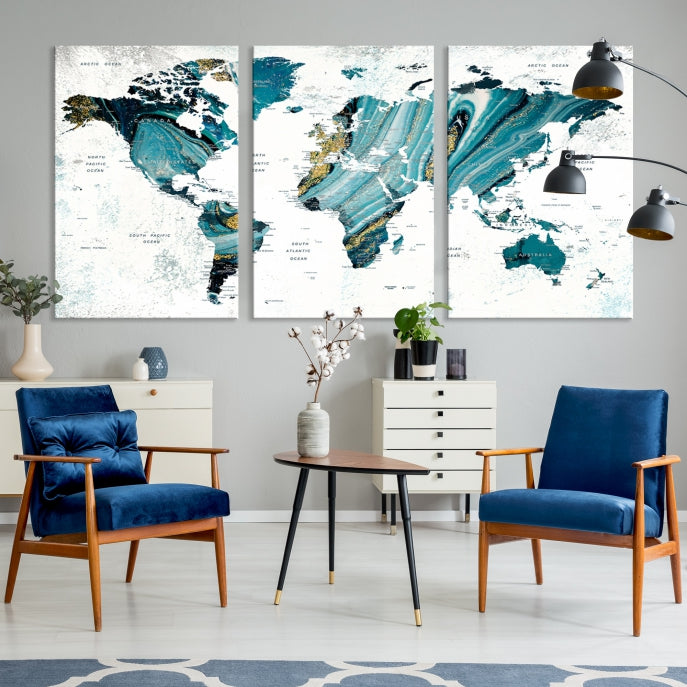 Large Abstract World Map Wall Art Canvas Print