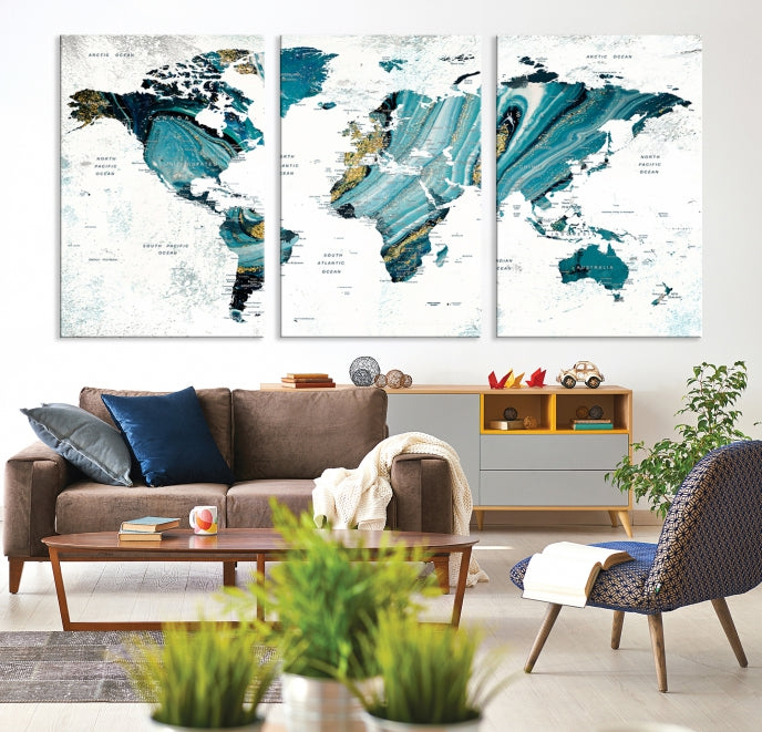 Large Abstract World Map Wall Art Canvas Print