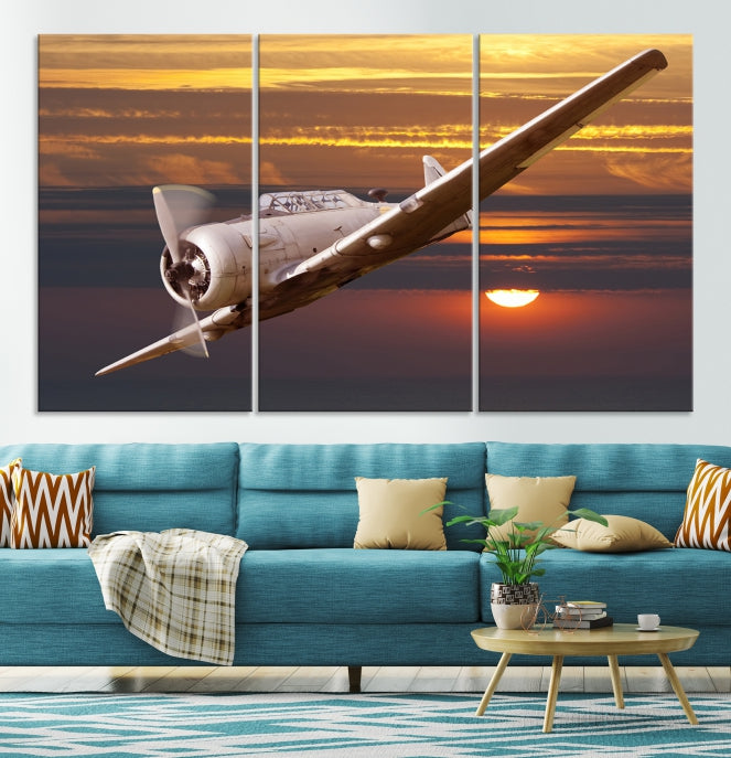 Large Aviation Wall Art Airplane on Sunset Canvas Print