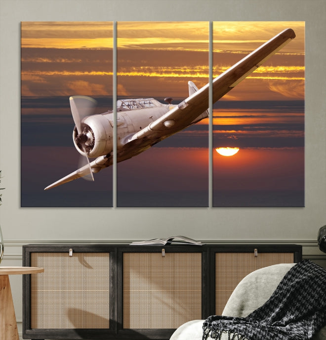 Large Aviation Wall Art Airplane on Sunset Canvas Print