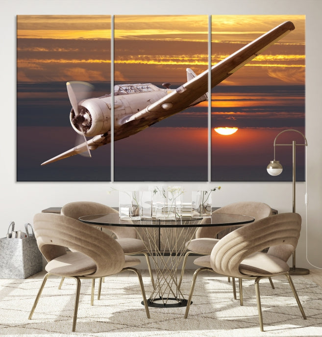 Large Aviation Wall Art Airplane on Sunset Canvas Print