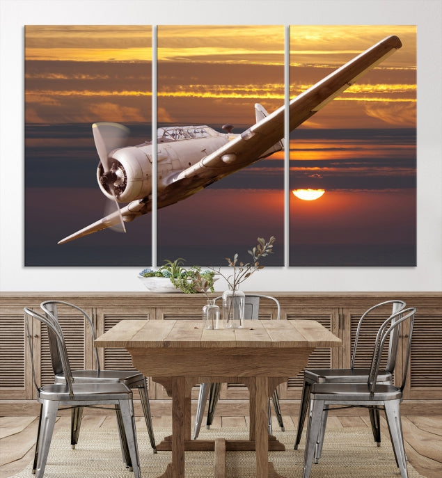 Large Aviation Wall Art Airplane on Sunset Canvas Print