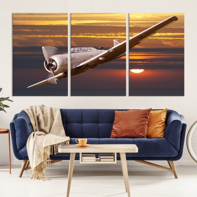 Large Aviation Wall Art Airplane on Sunset Canvas Print