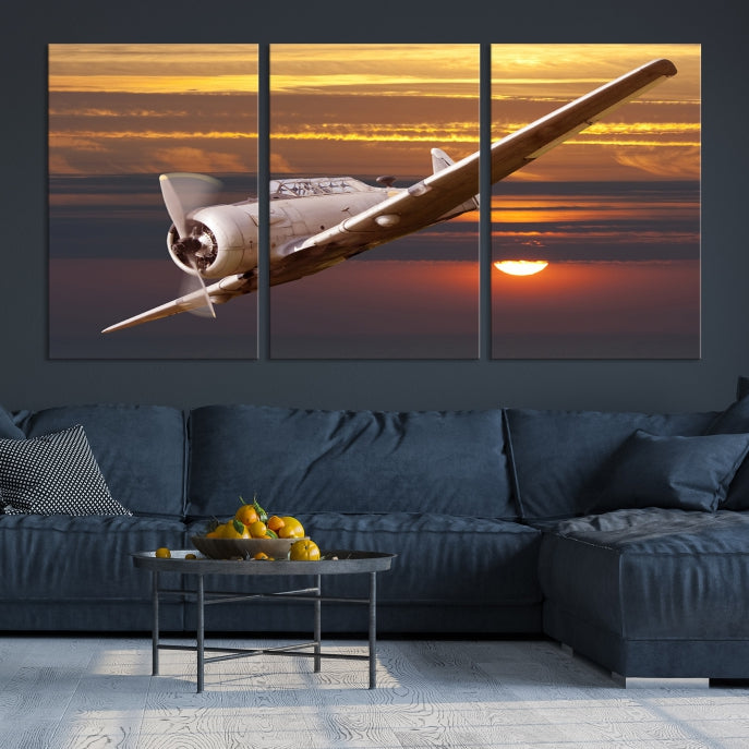 Large Aviation Wall Art Airplane on Sunset Canvas Print