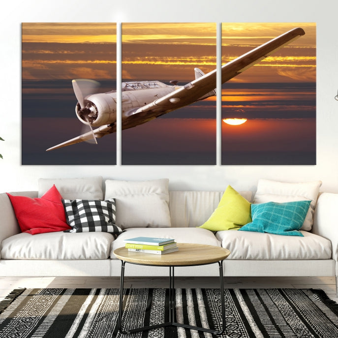 Large Aviation Wall Art Airplane on Sunset Canvas Print