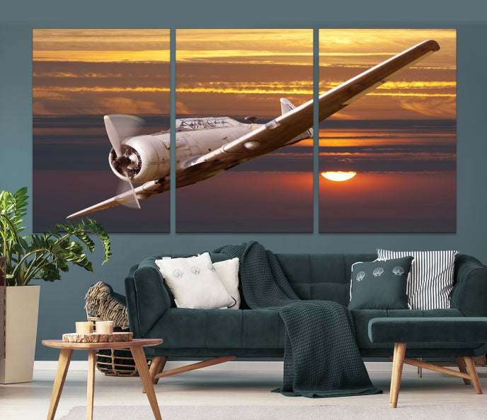 Large Aviation Wall Art Airplane on Sunset Canvas Print