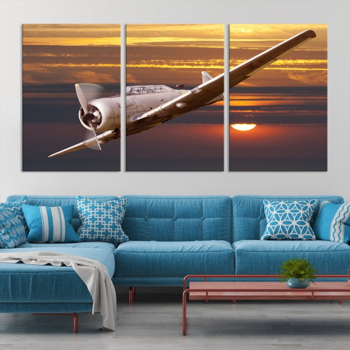 Large Aviation Wall Art Airplane on Sunset Canvas Print