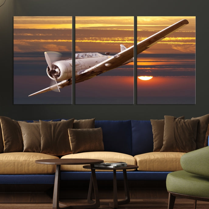 Large Aviation Wall Art Airplane on Sunset Canvas Print