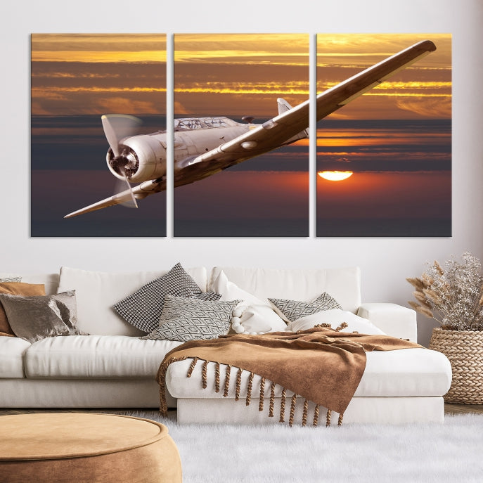 Large Aviation Wall Art Airplane on Sunset Canvas Print