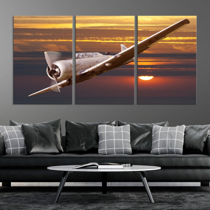 Large Aviation Wall Art Airplane on Sunset Canvas Print