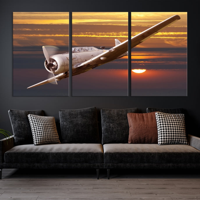 Large Aviation Wall Art Airplane on Sunset Canvas Print