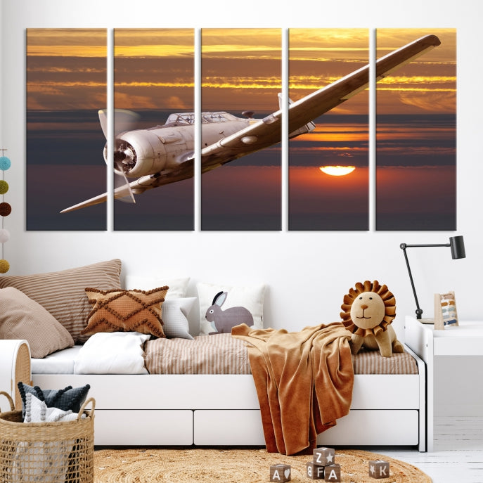 Large Aviation Wall Art Airplane on Sunset Canvas Print