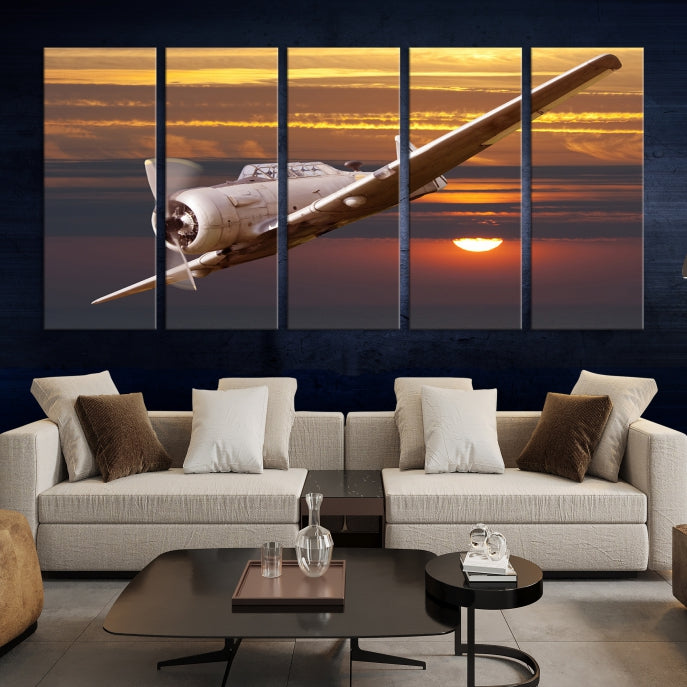 Large Aviation Wall Art Airplane on Sunset Canvas Print