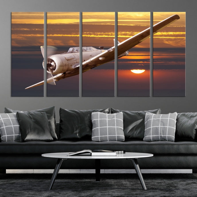 Large Aviation Wall Art Airplane on Sunset Canvas Print