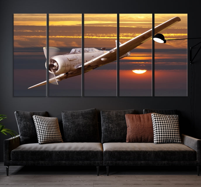 Large Aviation Wall Art Airplane on Sunset Canvas Print