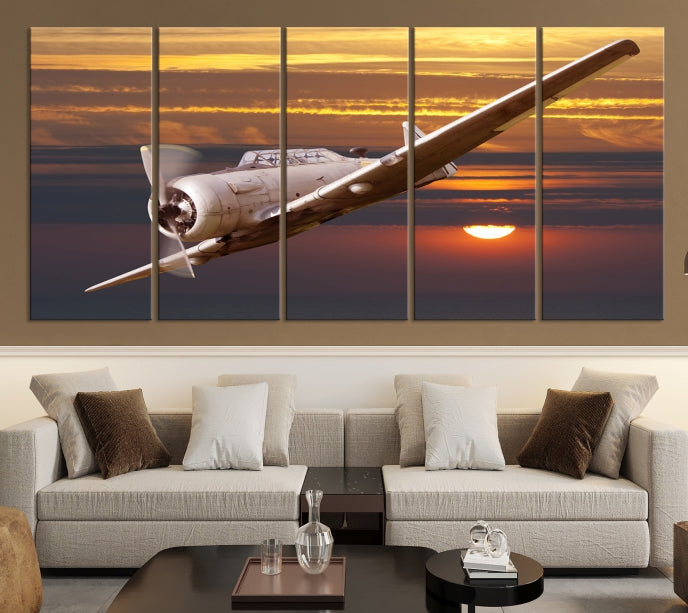 Large Aviation Wall Art Airplane on Sunset Canvas Print