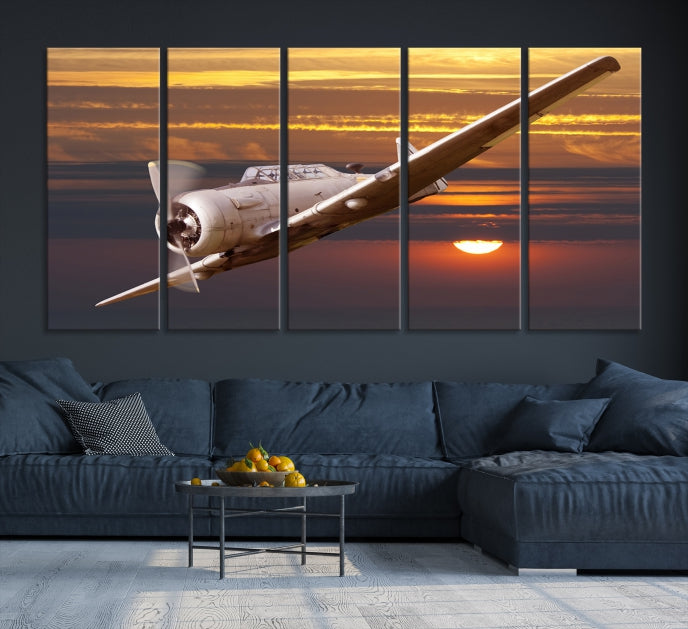 Large Aviation Wall Art Airplane on Sunset Canvas Print