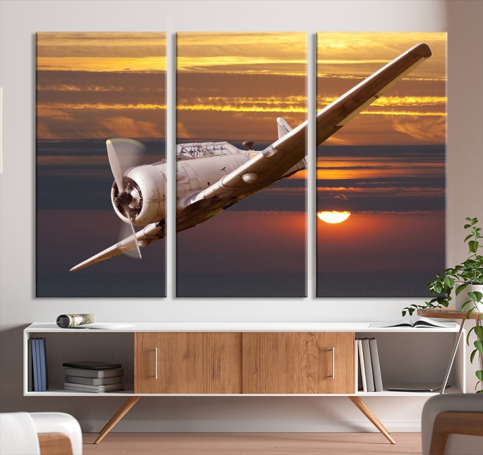 Large Aviation Wall Art Airplane on Sunset Canvas Print