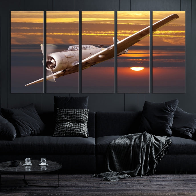 Large Aviation Wall Art Airplane on Sunset Canvas Print