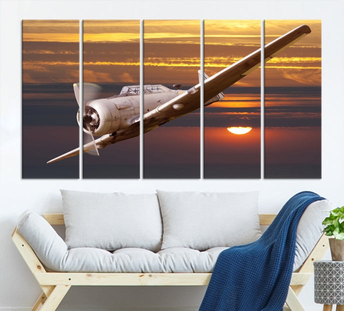 Large Aviation Wall Art Airplane on Sunset Canvas Print