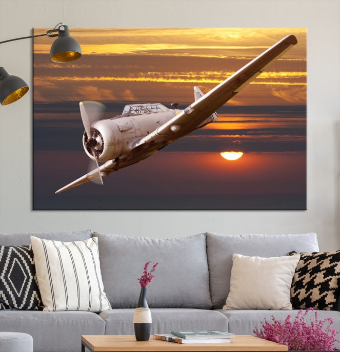 Large Aviation Wall Art Airplane on Sunset Canvas Print