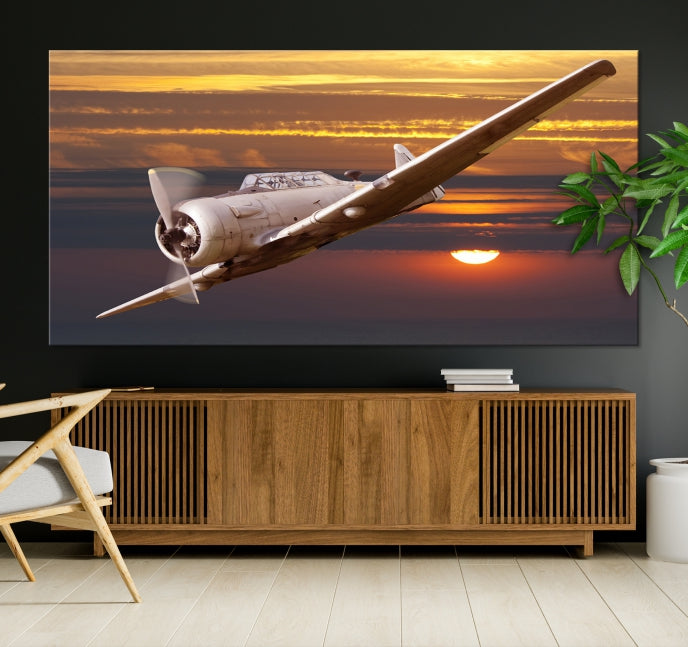 Large Aviation Wall Art Airplane on Sunset Canvas Print