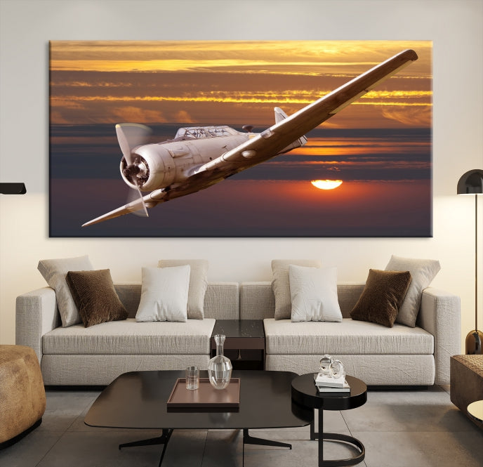 Large Aviation Wall Art Airplane on Sunset Canvas Print