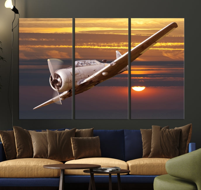 Large Aviation Wall Art Airplane on Sunset Canvas Print