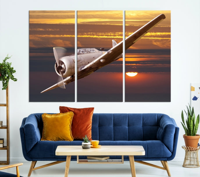 Large Aviation Wall Art Airplane on Sunset Canvas Print