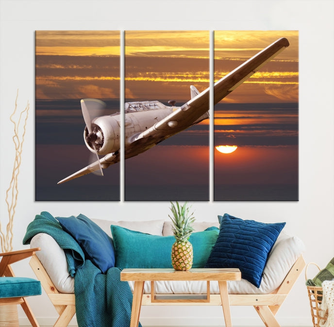 Large Aviation Wall Art Airplane on Sunset Canvas Print