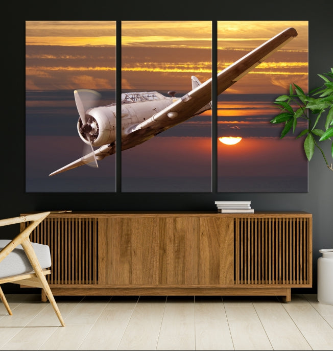 Large Aviation Wall Art Airplane on Sunset Canvas Print