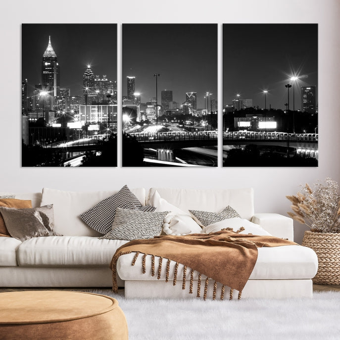 Large Black and White Atlanta Skyline Wall Art Cityscape Canvas Print