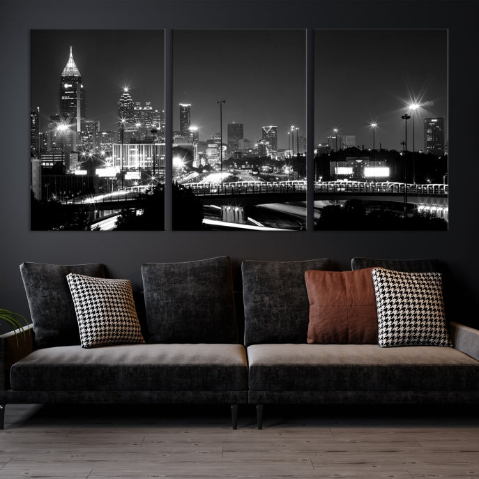 Large Black and White Atlanta Skyline Wall Art Cityscape Canvas Print