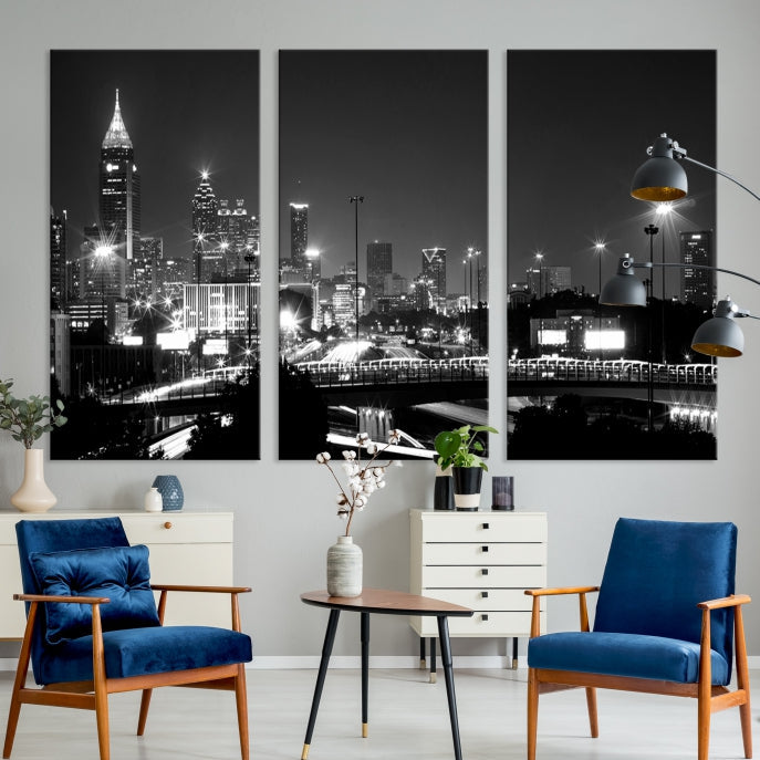 Large Black and White Atlanta Skyline Wall Art Cityscape Canvas Print