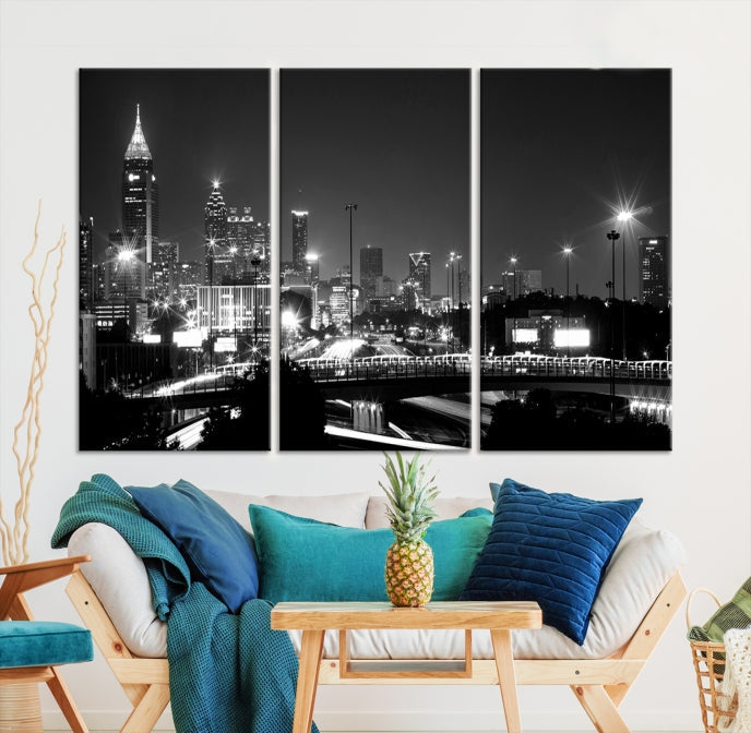 Large Black and White Atlanta Skyline Wall Art Cityscape Canvas Print