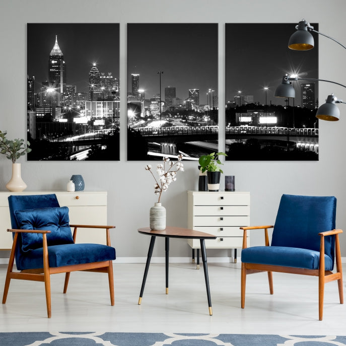 Large Black and White Atlanta Skyline Wall Art Cityscape Canvas Print