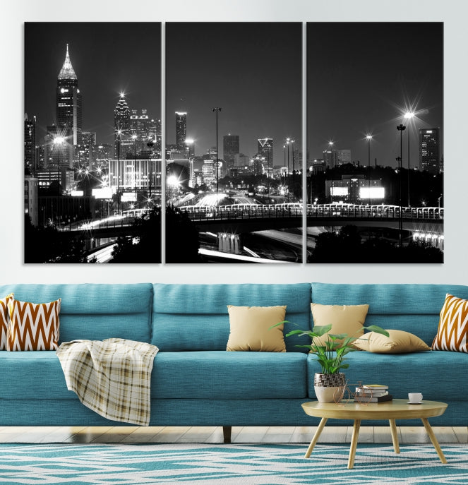 Large Black and White Atlanta Skyline Wall Art Cityscape Canvas Print